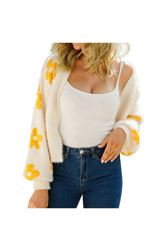 Crop Cardigan Sweaters for Women Daisy Printed Button Down Long Sleeve Sweater Open Front Crochet Cute Y2k Sweaters for Women Jacket Sweater Cardigan Top Coat for Women
