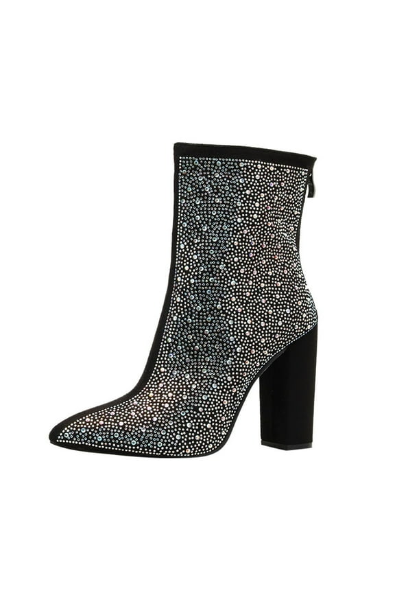 Crystal High Heels for Women Combat Ankle Boots, Rhinestone Pointed Toe Chunky Block Heels Western Boot