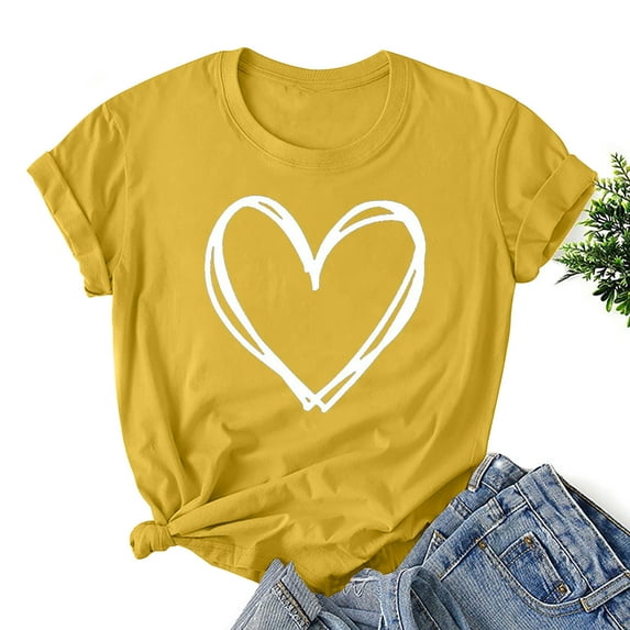 jsaierl Cute Love Heart Print T-Shirts 2024 Valentine's Day Loose Fit Tunic Tops Trendy Casual Comfy Crew Neck Short Sleeve Blouses