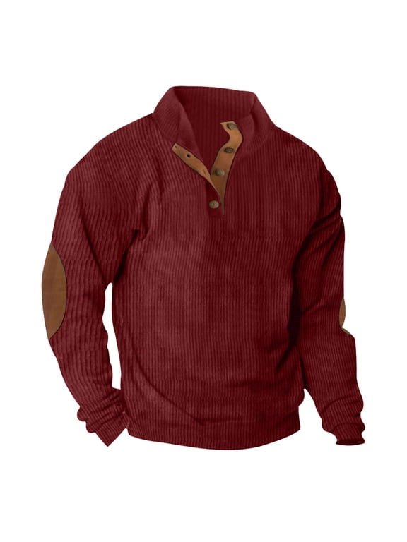 Mens Corduroy Sweatshirts Long Sleeve Vintage Sweatshirts Trendy Elbow Patch Pullover Tops Button Up Henley Shirts Mock Neck Western Tactical Shirts