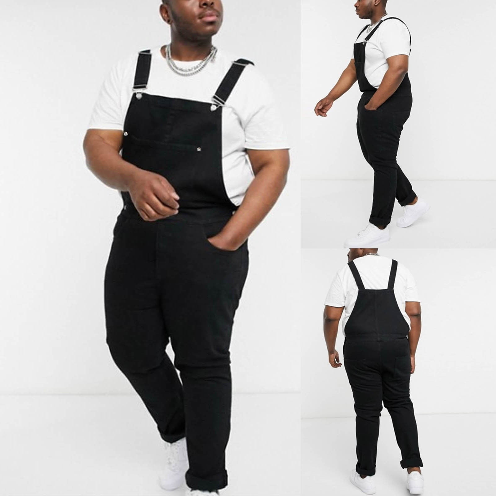 jsaierl Denim Overalls for Men Plus Size Slim Fit Jean Romper Casual Bib Overall Fall Adjustable Strap Jumpsuit with Pockets