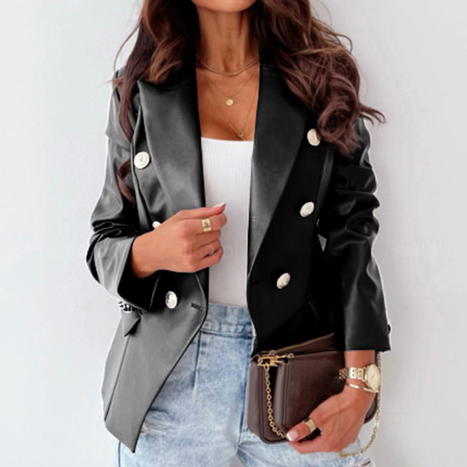 jsaierl Double Breasted Buttons Faux Leather Blazer Women Long Sleeve Coat  Notch Collar Leather Jacket Women 