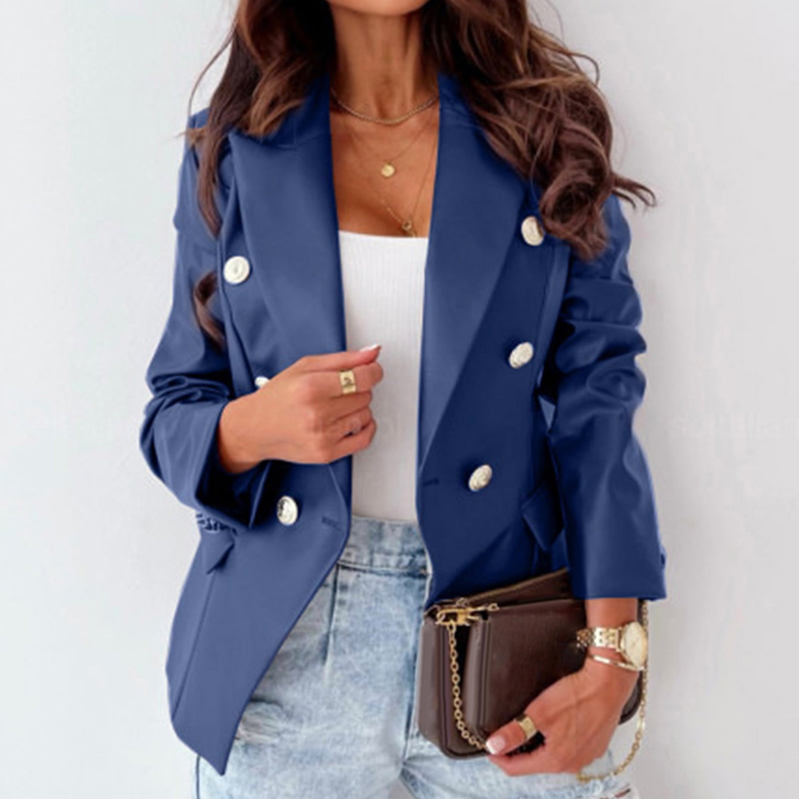 jsaierl Double Breasted Buttons Faux Leather Blazer Women Long Sleeve Coat Notch Collar Leather Jacket Women