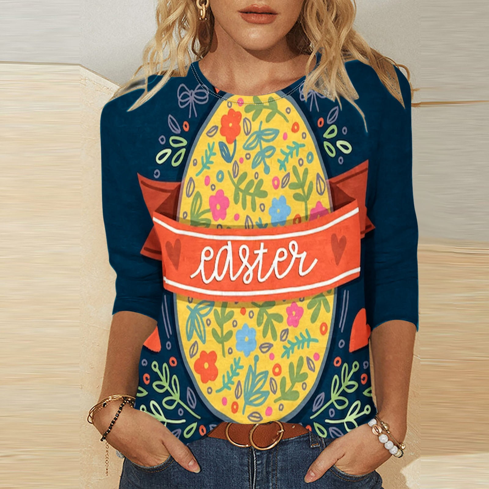 jsaierl Easter Shirts Women 3/4 Sleeve Cute Bunny Eggs Graphic Tshirts