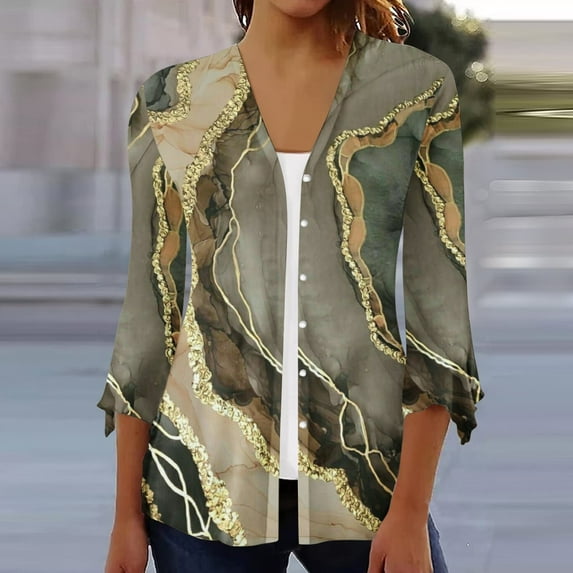 jsaierl Fall Cardigans for Women 2024 Oversized Marble Print Open Front Cardigan Jacket 3/4 Sleeve Knit Cardigan Sweater