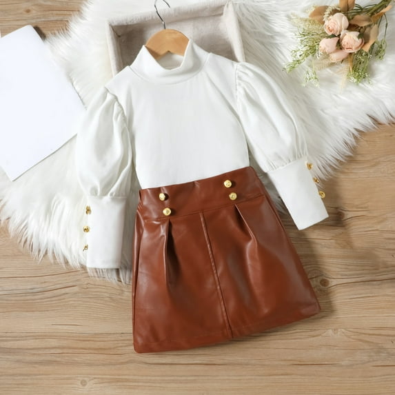 jsaierl Fall Outfits for Baby Girls 2 Pcs High Neck Button Long Sleeve Tops and Faux Leather Skirt Sets Infant Toddler Girls Christmas Outfits 1T-5T