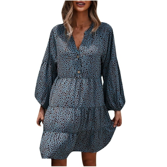 Long Sleeve Dress For Women Women Casual Loose Buttons Leopard Print Lantern Sleeve Printing Long Sleeve V-Neck Dress falda hawaiana mujer