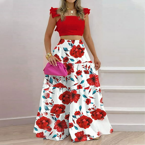 jsaierl Fashion Women Summer Froral Print Casual Short SLeeve Top+ Skirt Set for Women 2024