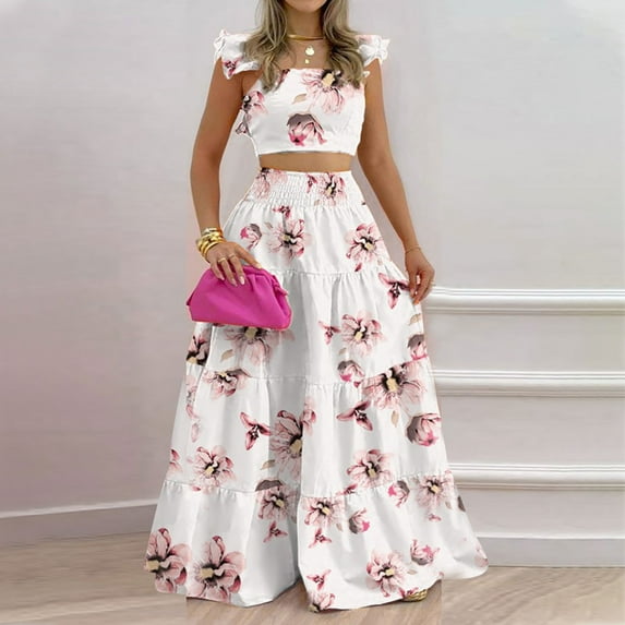 jsaierl Fashion Women Summer Froral Print Casual Short SLeeve Top+ Skirt Set for Women 2024