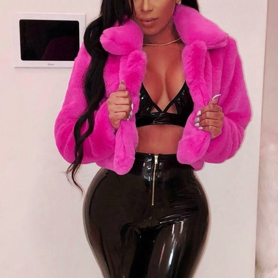 jsaierl Faux Fur Coat Stand Collar Cropped Jacket Fleece Long Sleeve Solid Chunky Cardigan Outwear Top