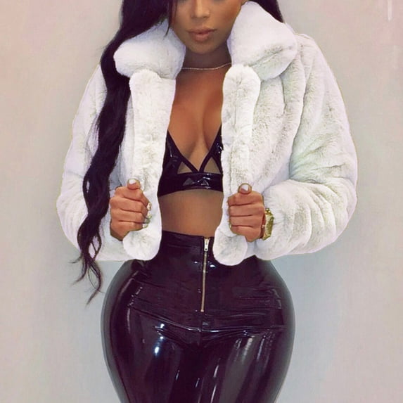 jsaierl Faux Fur Coat Stand Collar Cropped Jacket Fleece Long Sleeve Solid Chunky Cardigan Outwear Top