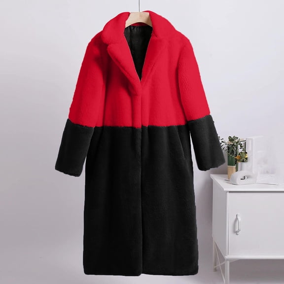 jsaierl Faux Fur Long Coat Womens Color Block Overcoat Winter Warm Long Jacket Long Sleeve Fluffy Plush Cardigan Outwear