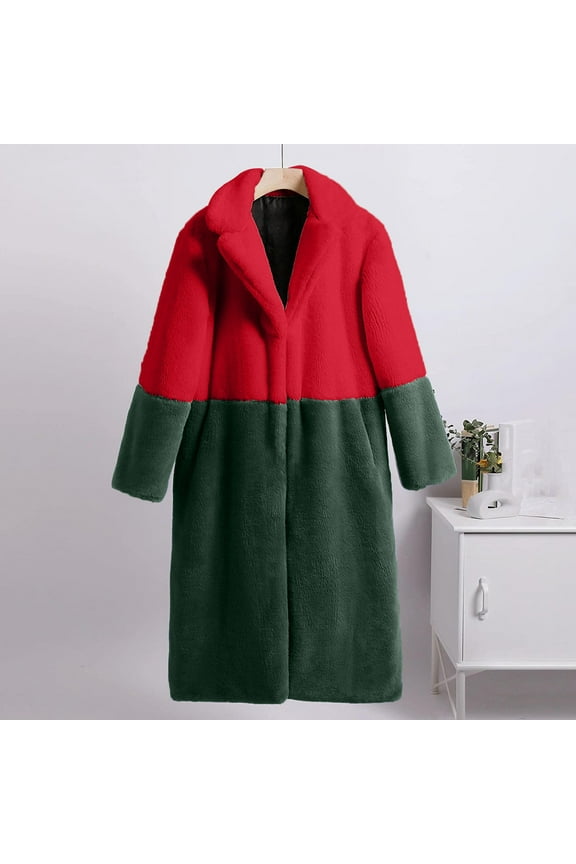 Faux Fur Long Coat Womens Color Block Overcoat Winter Warm Long Jacket Long Sleeve Fluffy Plush Cardigan Outwear