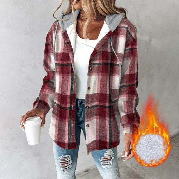 jsaierl Flannel Shirts for Women Plaid Hooded Jackets Casual Long Sleeve Shackets Womens Button Down Coats Hoodies Fall Fashion 2024