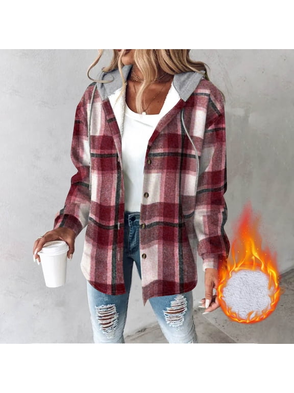 Flannel Shirts for Women Plaid Hooded Jackets Casual Long Sleeve Shackets Womens Button Down Coats Hoodies Fall Fashion 2026