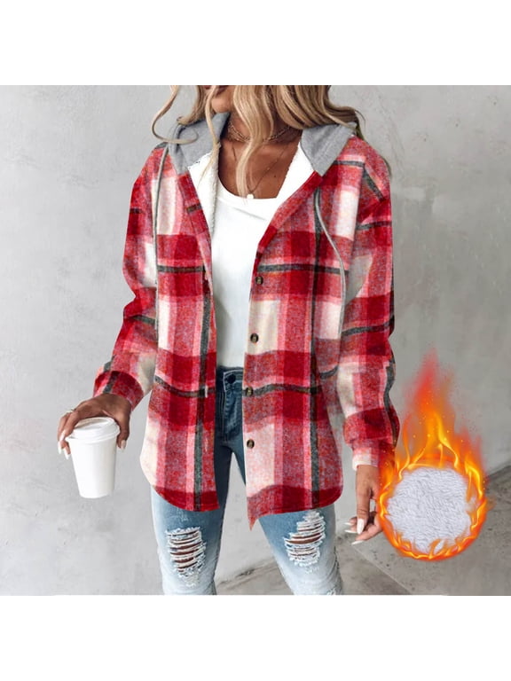 Flannel Shirts for Women Plaid Hooded Jackets Casual Long Sleeve Shackets Womens Button Down Coats Hoodies Fall Fashion 2026