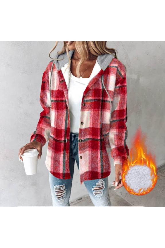 Flannel Shirts for Women Plaid Hooded Jackets Casual Long Sleeve Shackets Womens Button Down Coats Hoodies Fall Fashion 2025
