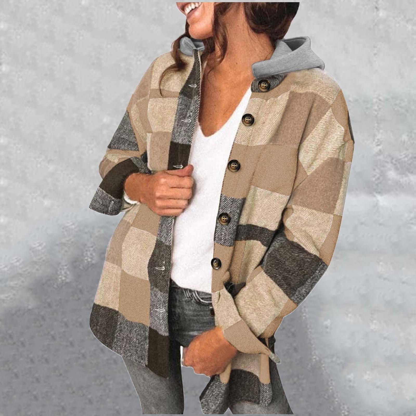 jsaierl Flannel Shirts for Women Plaid Hooded Jackets Casual Long ...