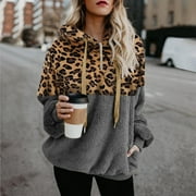 JSAIERL Fleece Hoodies for Women Sherpa Leopard Pachwork Sweatshirt Top Long Sleeve Warm Quarter Zip Pullover with Pockets