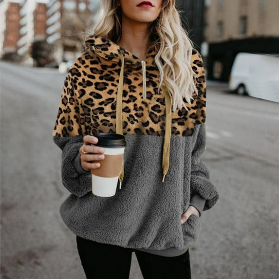 jsaierl Fleece Hoodies for Women Sherpa Leopard Pachwork Sweatshirt Top Long Sleeve Warm Quarter Zip Pullover with Pockets