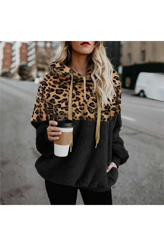 Fleece Hoodies for Women Sherpa Leopard Pachwork Sweatshirt Top Long Sleeve Warm Quarter Zip Pullover with Pockets