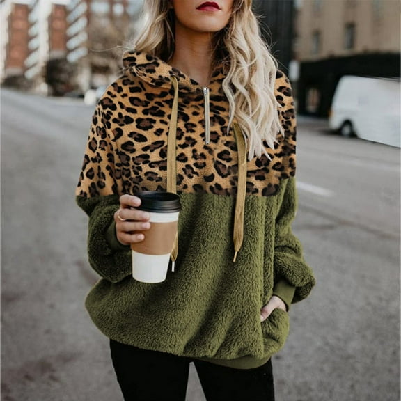 jsaierl Fleece Hoodies for Women Sherpa Leopard Pachwork Sweatshirt Top Long Sleeve Warm Quarter Zip Pullover with Pockets