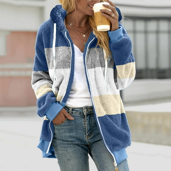 jsaierl Fleece Jackets for Women Full Zip Fuzzy Warm Jacket Comfy Color Block Long Sleeve Coats Winter Soft Outerwear Jacket with Hood