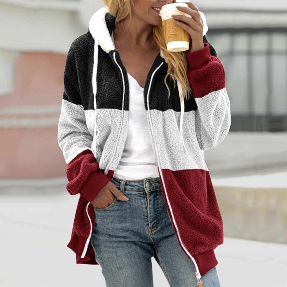 jsaierl Fleece Jackets for Women with Hooded,Women Hooded Fuzzy Fleece Coat Color Block Patchwork Zip Up Warm Jacket Outwear with Pockets
