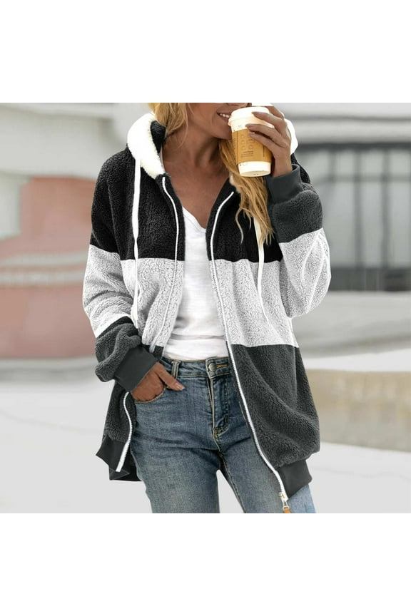 Fleece Jackets for Women with Hooded,Women Hooded Fuzzy Fleece Coat Color Block Patchwork Zip Up Warm Jacket Outwear with Pockets