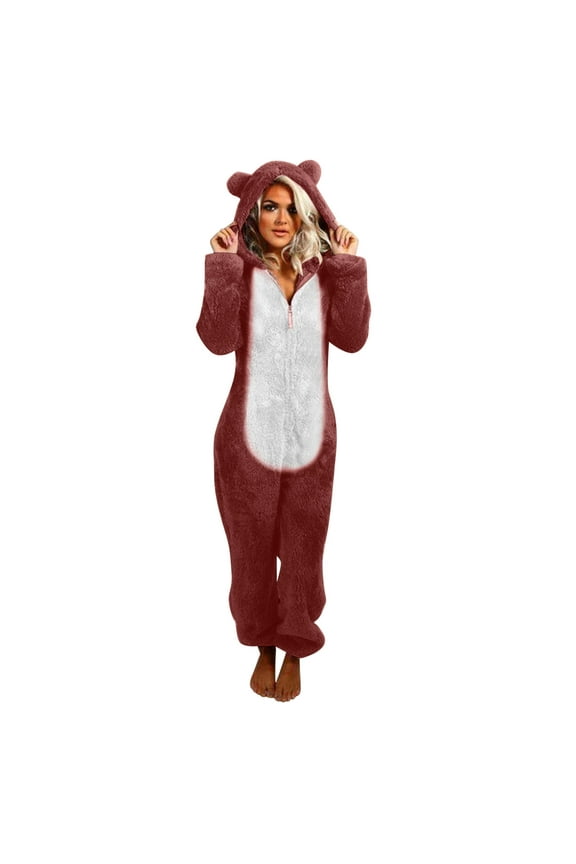 Fleece Onesie Pajamas for Women Zipper Hooded Jumpsuit Adult Plush One Piece Sleepwear Long Sleeve Cozy Soft Romper Christmas Pajamas