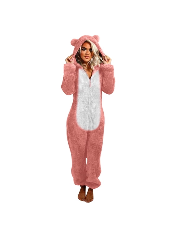 Fuzzy Outfits for Women Cute Bear Costume Onesie Sleepwear Long Sleeve Zip Up Rompers Jumpsuits Overalls Christmas Pajamas