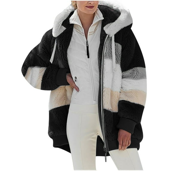 jsaierl Fluffy Fleece Winter Coats for Womens Color Block Long Sleeve Stripe Faux Fur Jackets Zip Up Hooded Outwear Coats