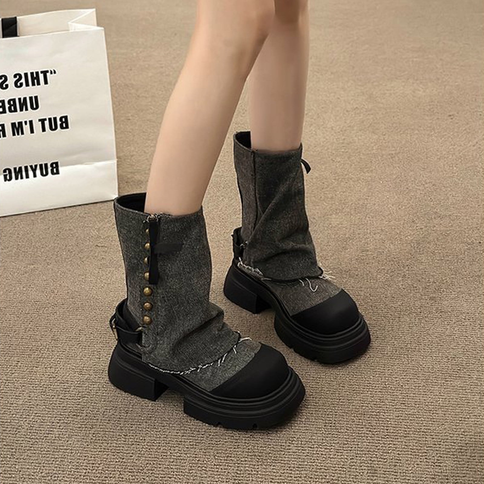 jsaierl Fold Over Denim Boots for Women Lug Sole Chunky Platform Heel
