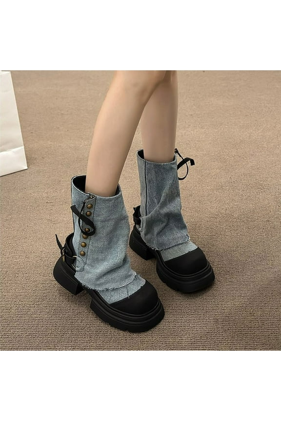 Fold Over Denim Boots for Women Lug Sole Chunky Platform Heel Booties Goth Punk Combat Zipper Mid Calf Booties Round Toe Dress Shoes