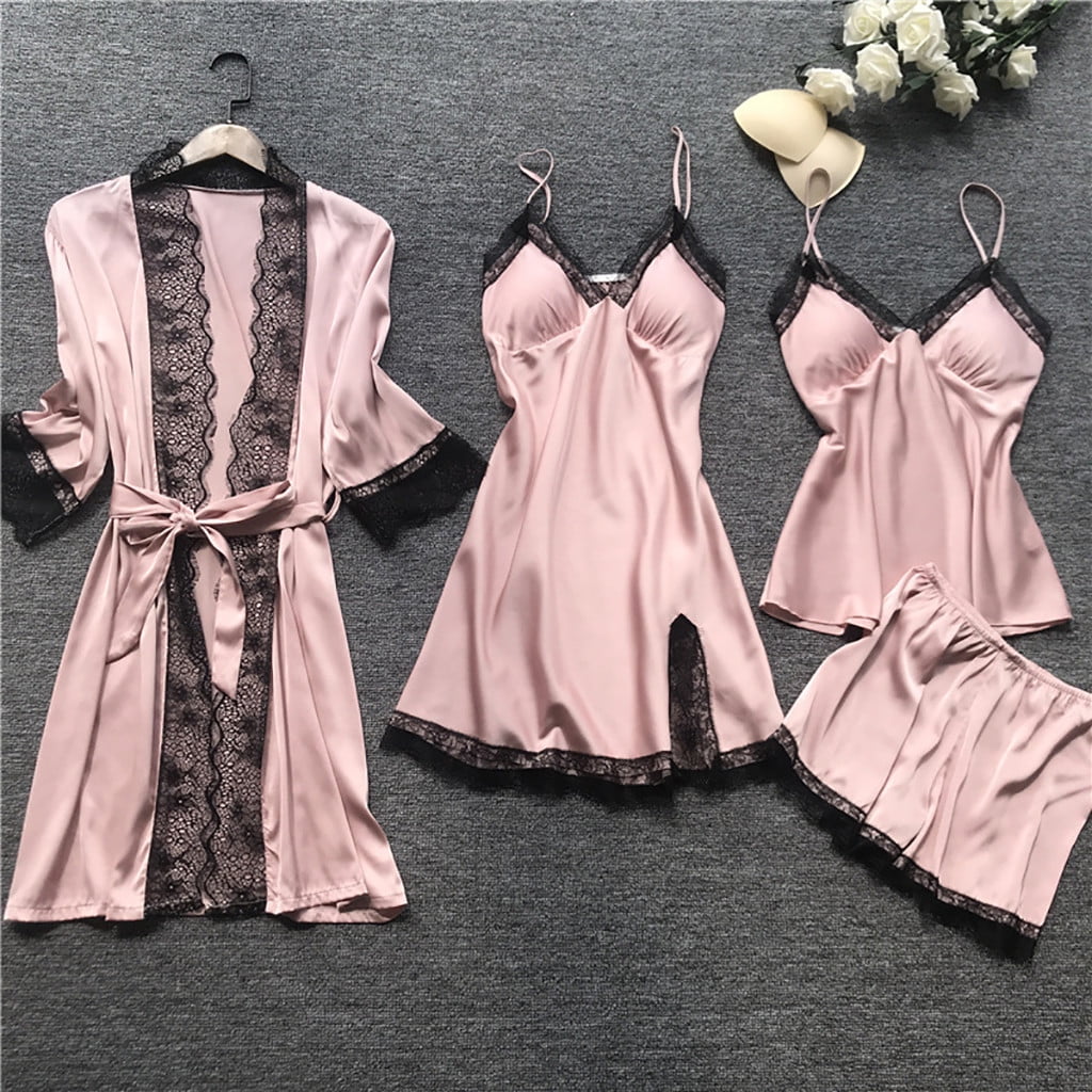 jsaierl Four Piece Sleepwear for Women Sexy Silk Lace Nightdress Comfy Robe Dress  Soft Loose Lingerie Babydoll Dress Set - Walmart.com