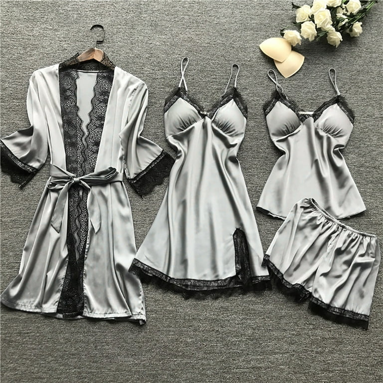jsaierl Four Piece Sleepwear for Women Sexy Silk Lace Nightdress Comfy Robe  Dress Soft Loose Lingerie Babydoll Dress Set