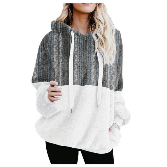 jsaierl Fuzzy Hoodies for Women Sherpa Striped Hooded Sweatshirt Fleece Color Block Long Sleeve Quarter Zip Pullover Plush Winter Warm Top with Pocket