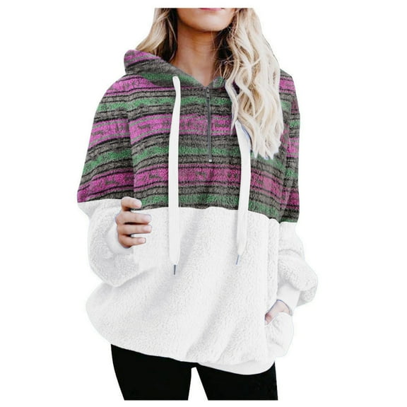 jsaierl Fuzzy Hoodies for Women Sherpa Striped Hooded Sweatshirt Fleece Color Block Long Sleeve Quarter Zip Pullover Plush Winter Warm Top with Pocket