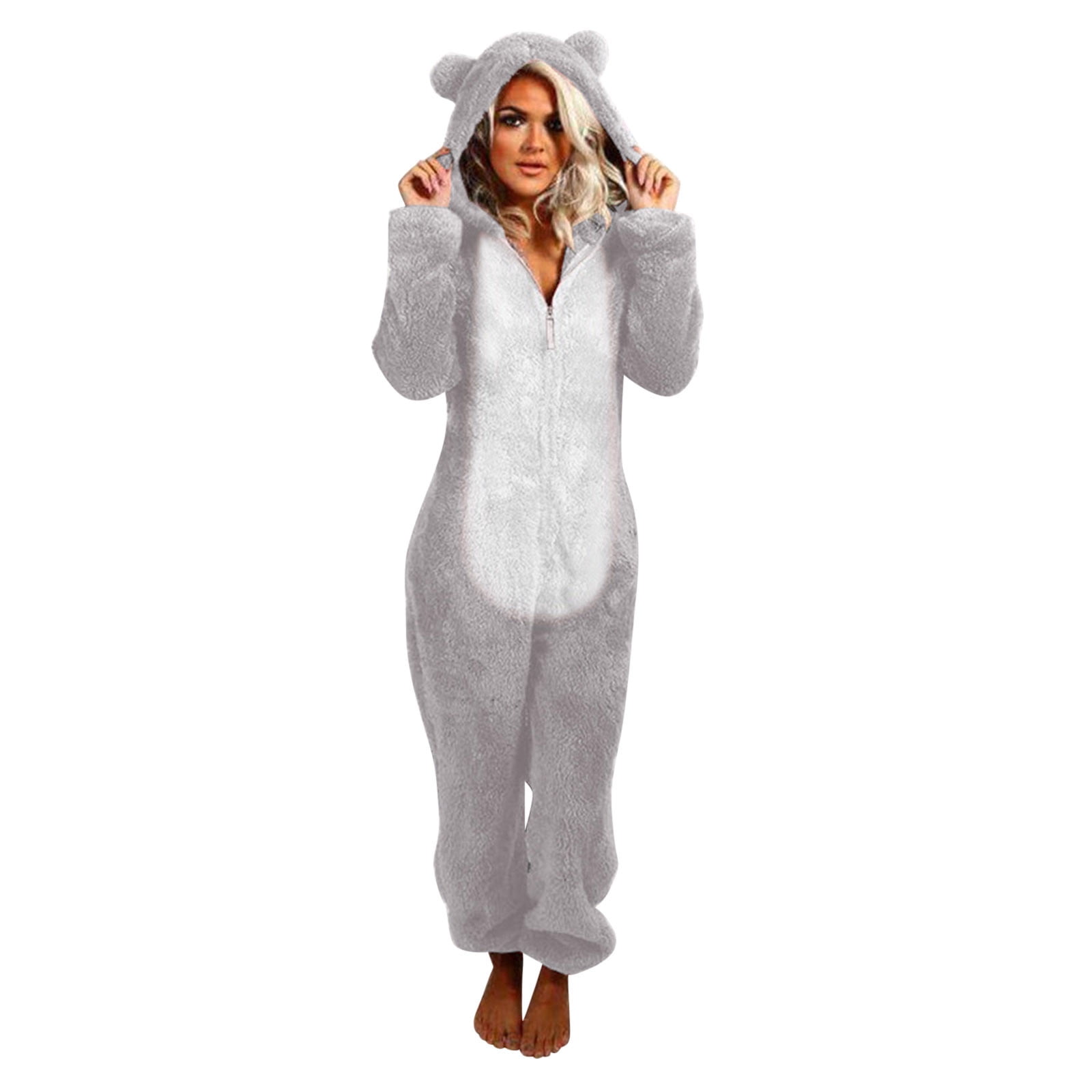 jsaierl Fuzzy Outfits for Women Cute Bear Costume Onesie Sleepwear Long Sleeve Zip Up Rompers Jumpsuits Overalls Christmas Pajamas