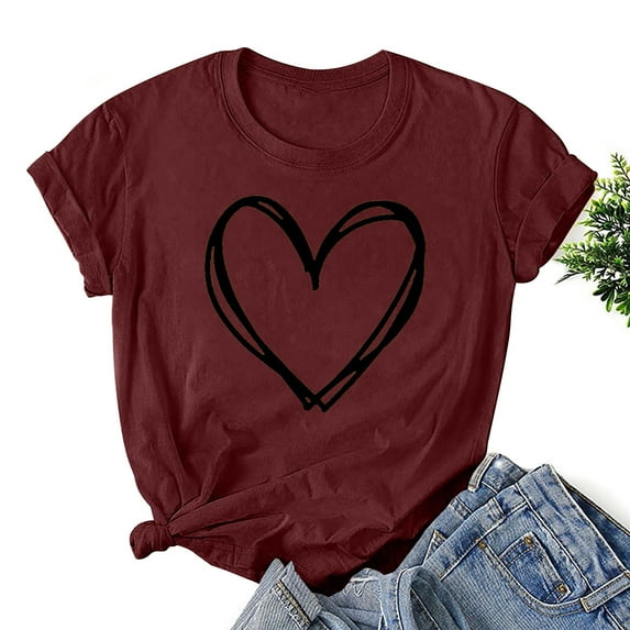 jsaierl Graphic Tees for Women 2024 Summer Casual Short Sleeve Heart Print Tshirts Loose Fit Crewneck Tops Valentine Day Clothing