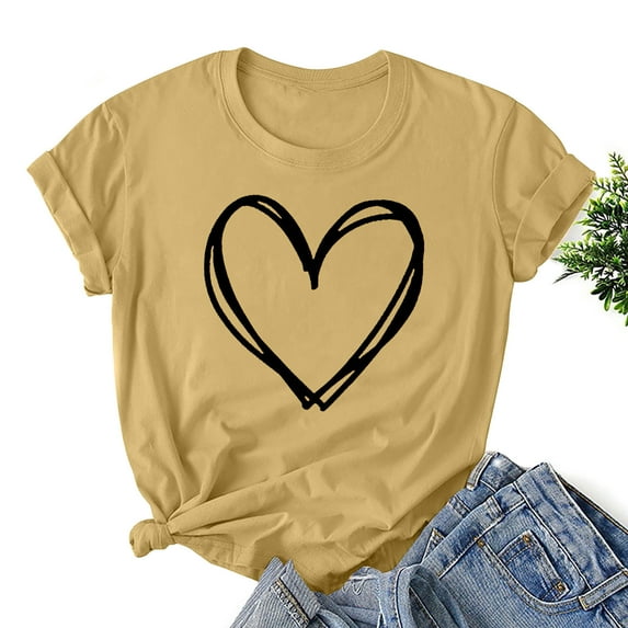 jsaierl Graphic Tees for Women 2024 Summer Casual Short Sleeve Heart Print Tshirts Loose Fit Crewneck Tops Valentine Day Clothing