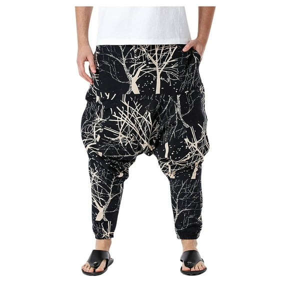 jsaierl Harem Pants for Men Plus Size Wide Leg Pants Linen Elastic Waist Lace Up Trousers Print Casual Hippie Pants Sports Work Pants for Men
