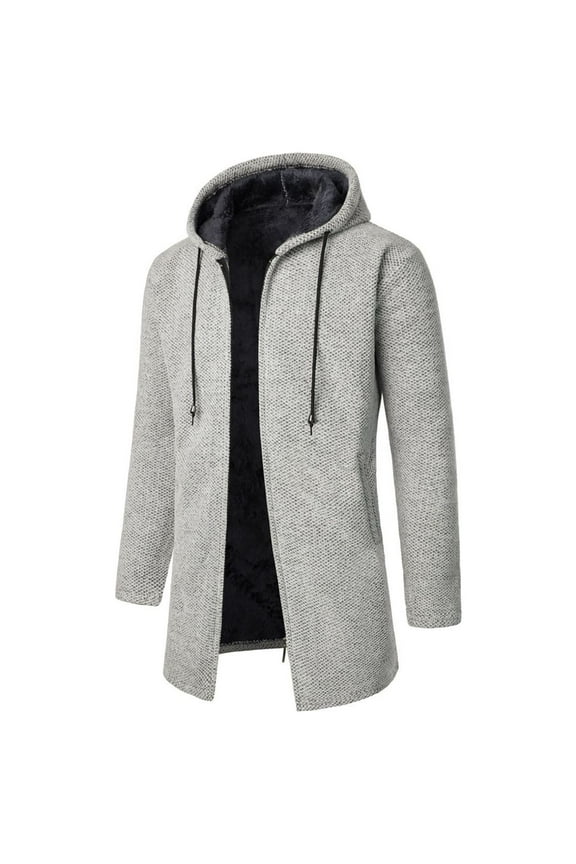 Hooded Sweater Jacket for Men Knit Woolen Zip Up Cardigan Outwear Long Sleeve Fall and Winter Mid-length Warm Sweater Coat