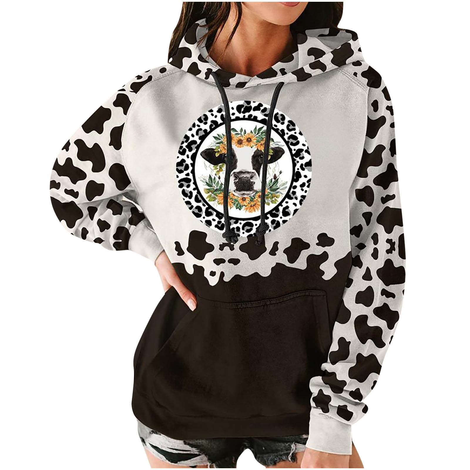 jsaierl Hoodies for Women Cow Graphic Drawstring Sweatshirt Top Cute ...