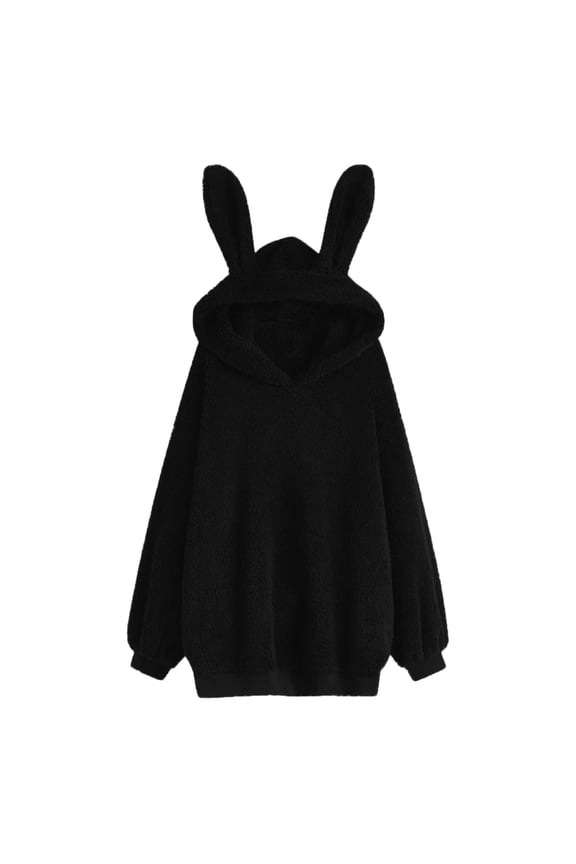Hoodies for Women Bunny Ears Fleece Swearshirt Crewneck Solid Color Long Sleeve Pullover Fall Top