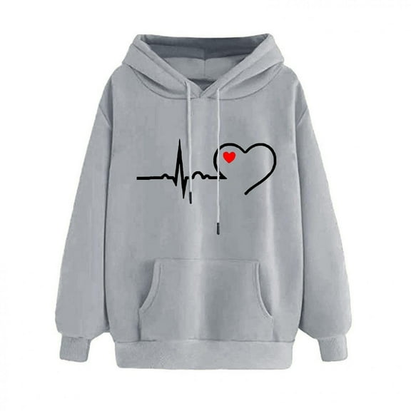 jsaierl Hoodies for Women Heart Print Hooded Sweatshirt Top Long Sleeve Cozy Comfy Pullover Pocket Drawstring Sweatshirt Valentine's Day Gift