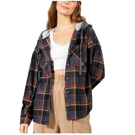 jsaierl Hoodies for Women Plaid Print Long Sleeve Shirts Button Down Hooded Shacket Jacket with Chest Pocket
