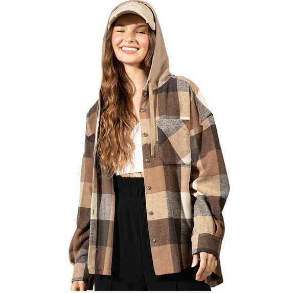 jsaierl Hoodies for Women Plaid Print Long Sleeve Shirts Button Down Hooded Shacket Jacket with Chest Pocket