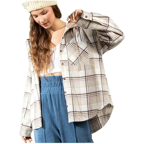 jsaierl Hoodies for Women Plaid Print Long Sleeve Shirts Button Down Hooded Shacket Jacket with Chest Pocket