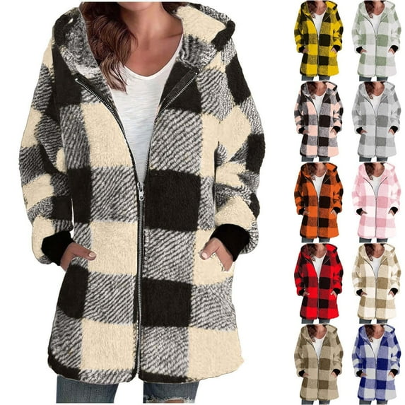 jsaierl Hoodies for Women Zip Up Buffalo Plaid Jacket Top Long Sleeve Fleece Color Block Hooded Sweatshirt Outwear Coat Fuzzy